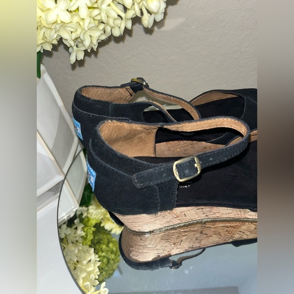 TOMS Black Suede and Cork Wedge Sandals - Picture 7 of 12